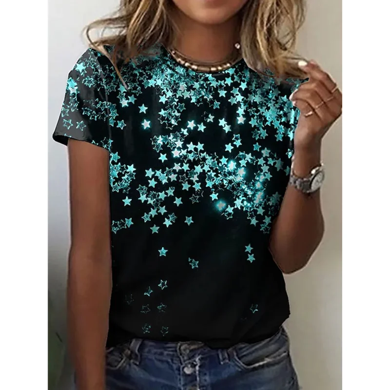 NEW SUMMER Fashion Casual Wear Women's Round Loose Shirt Bachelorette Party T-shirt Female Harajuku Polka Dot Star Decoration NEW SUMMER Fashion Casual Wear Women's Round Loose Shirt Bachelorette Party T-shirt Female Harajuku Polka Dot Star Decoration