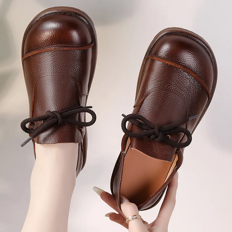 Xiuteng Genuine Leather Handmade Flat Shoes Platform Round Toe Thick Soled Retro Totem Comfortable Lady Lace Shoes
