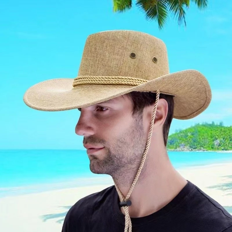 Western Cowboy Hat Retro Sheriff Cap Sunscreen With Wind Rope Hat Men And Women Horseback Riding Tourism Fishing Sunshade Cap 6