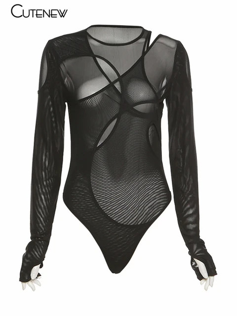 Cutenew Solid Sexy Mesh See Through Irregular Hollow Bodysuit Women Fashion O-Neck Long Sleeves Stretch Club Party Lady Rompers 6