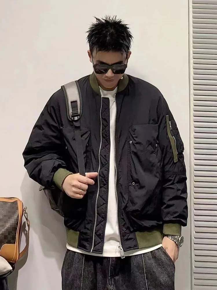 Fashion Winter Mens Casual Loose Fit Bomber Jacket Streetwear Overcoat Stand Collar Thick Warm Down Jacket Pockets Outwear Coat