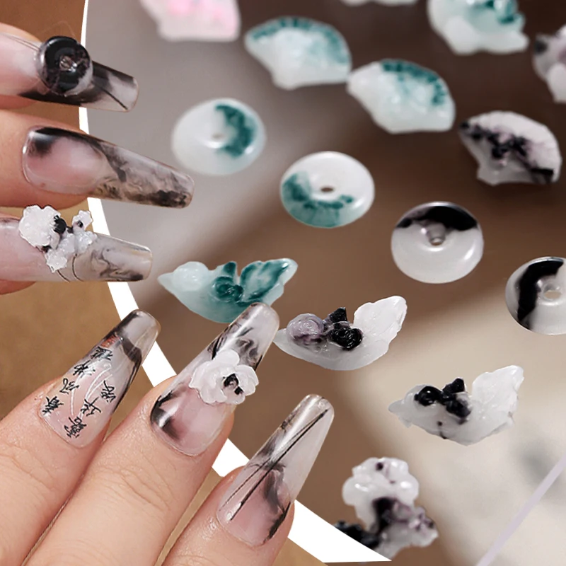 40/50Pcs Ancient Chinese Style Nail Charms Painting Style Vignet Gradient Effect DIY Nail Art Accessories 3D Decoration Manicure 2