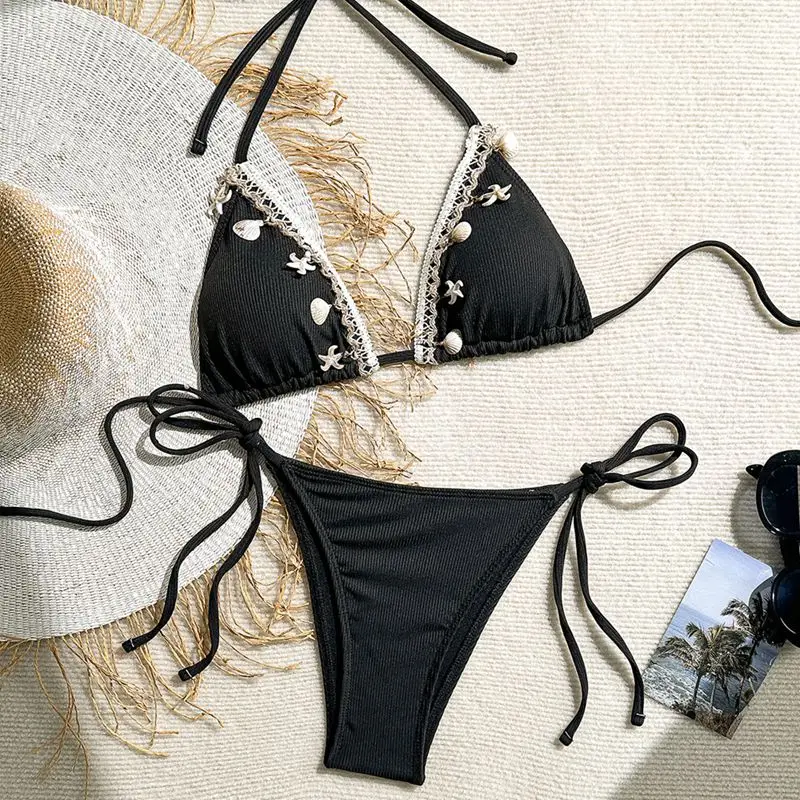 Women's Sexy Halter Triangle Bikini Top 2025 New Arrival Swimwear with Shell & Starfish Design Trendy Beachwear Two Pieces Bikin