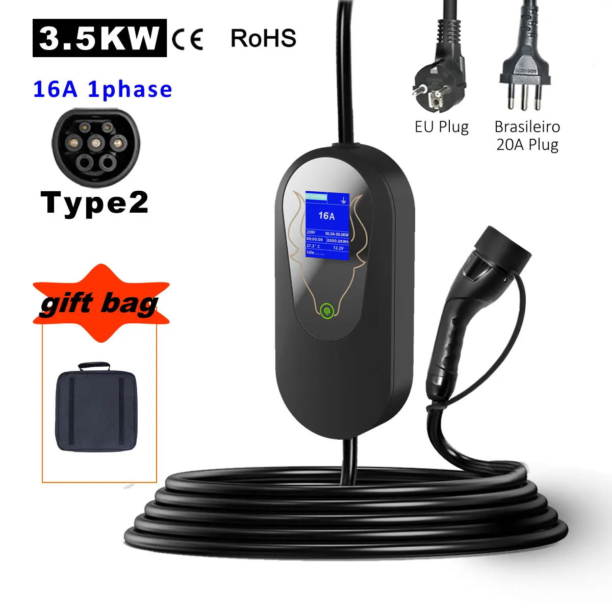 Caricabatterie Portatile Type2 Ev Con Spina Brasiliana Ue Stazione Di Ricarica Per Veicoli Elettrici Cable Box Wallbox Per Auto Elettrica 3.5Kw 16A