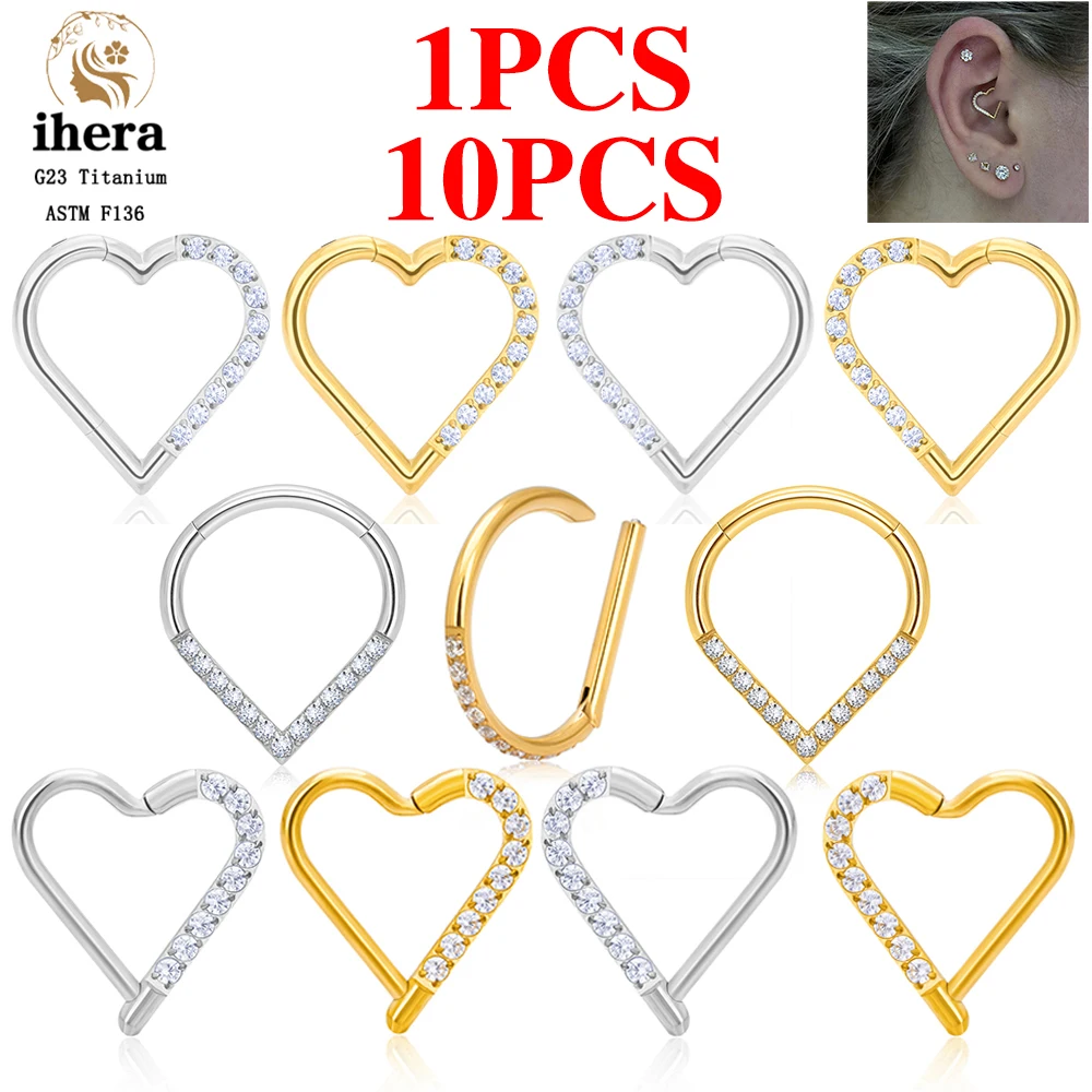 1/10PCS G23 티타늄 하트 귀걸이 후프 16G CZ 힌지 세그먼트 귀 연골 Tragus Helix Conch Daith Rings 바디 피어 싱 쥬얼리