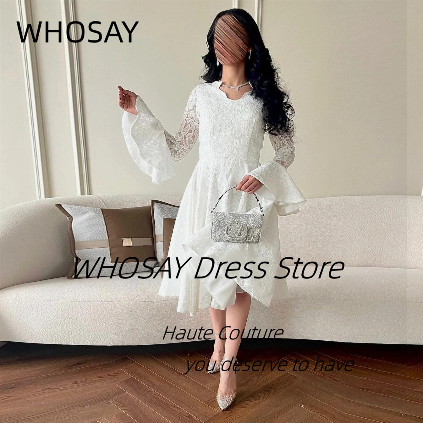 

WHOSAY Full Lace Short Prom Dresses Tea Length Homecoming Party Girls Wear A Line Graduation Dress Long Sleeves Evening Gowns