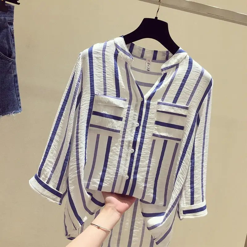 Fashion Printed V-Neck Spliced Pockets Striped Shirt Women's Clothing 2023  New Casual Tops Office Lady Blouse