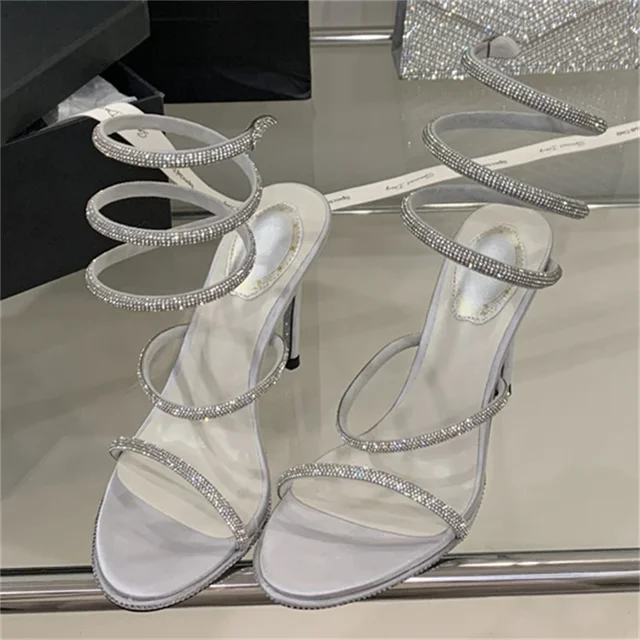 Aneikeh paillettes cristal serpent enveloppé sandales femmes mode d'été Sexy strass talon mince talons hauts fête chaussures de bal 1