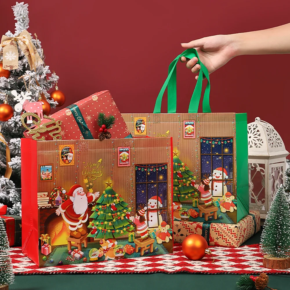 Merry Christmas Non-woven Gift Bag Snowman Xmas Tree Pattern Tote Handle Bag Gift Packaging Waterproof Storage Pouch