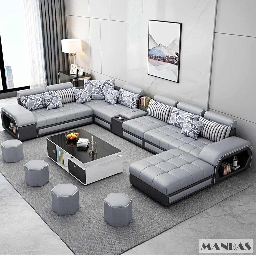Description Picture 4 of itemMANBAS Fabric Sofa Set Furniture Living Room Sofa Set with USB and Stools / Big U Shape Cloth Couch Sofas for Home Furniture
