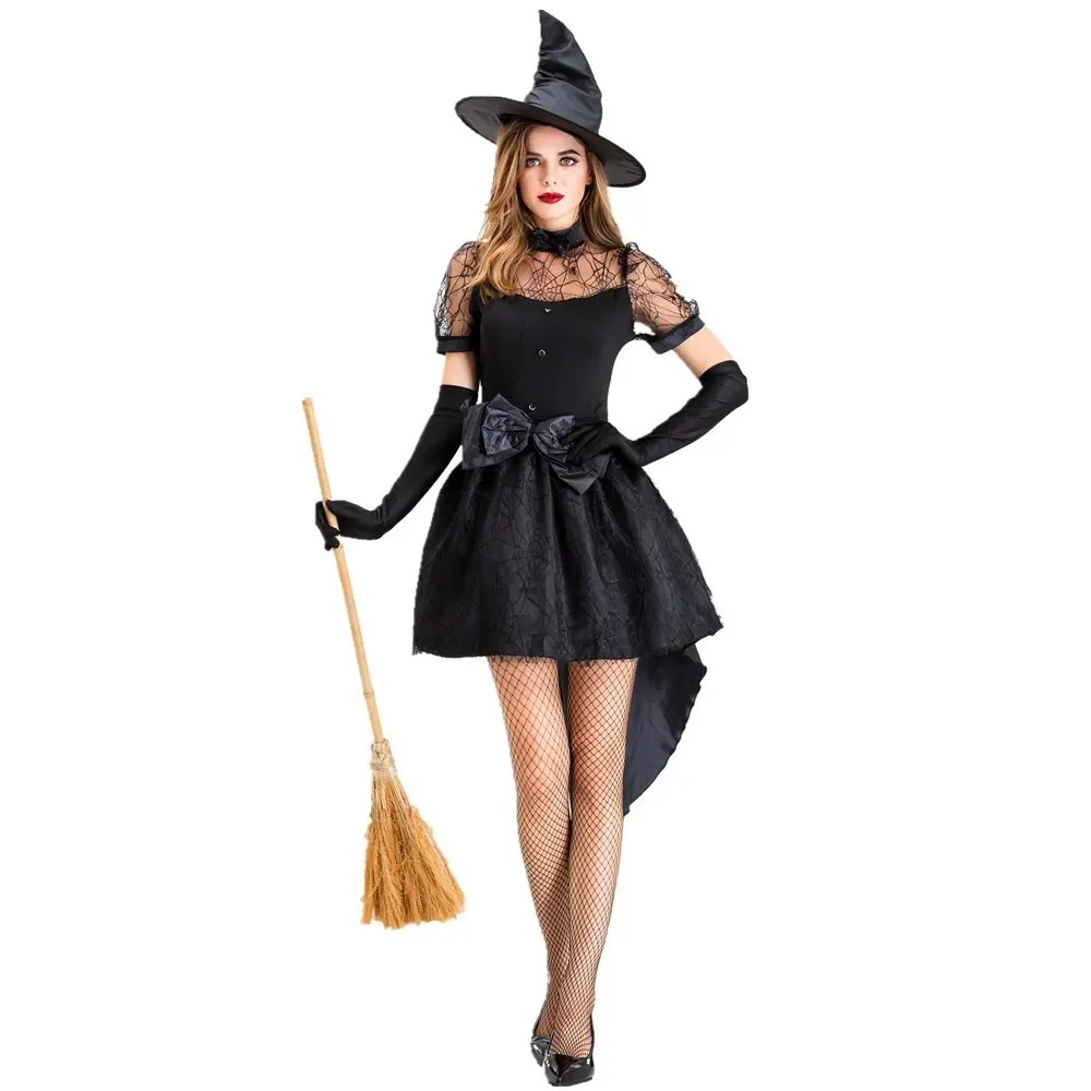 Halloween Costumes for Women Cosplay Witch Dress Hat Gloves Set Christmas Clothing Gothic Style Swallowtail Sexy Skirt#1#W.