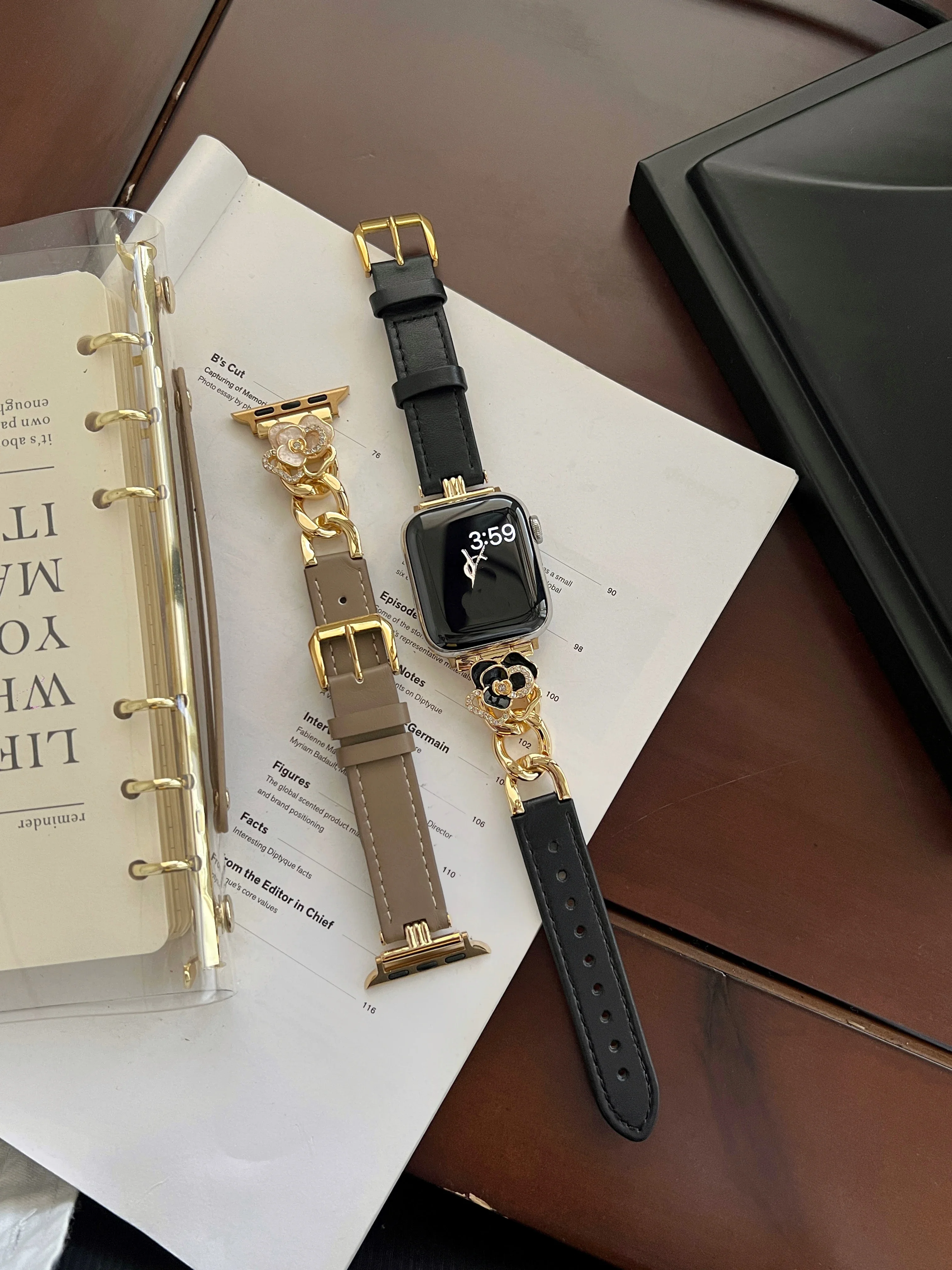 Camellia flower cowhide pearl oil alloy watch strap For Apple Watch band 44 40 45 41 49 42 38 45 mm iwatch 9 se 5 6 8 7 Ultra 2