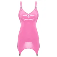 Womens Shiny Metallic PVC Leather V-Neck Mini Dress Chemise Wet Look Night Club Bodycon Babydoll Clubwear with Garter Belt