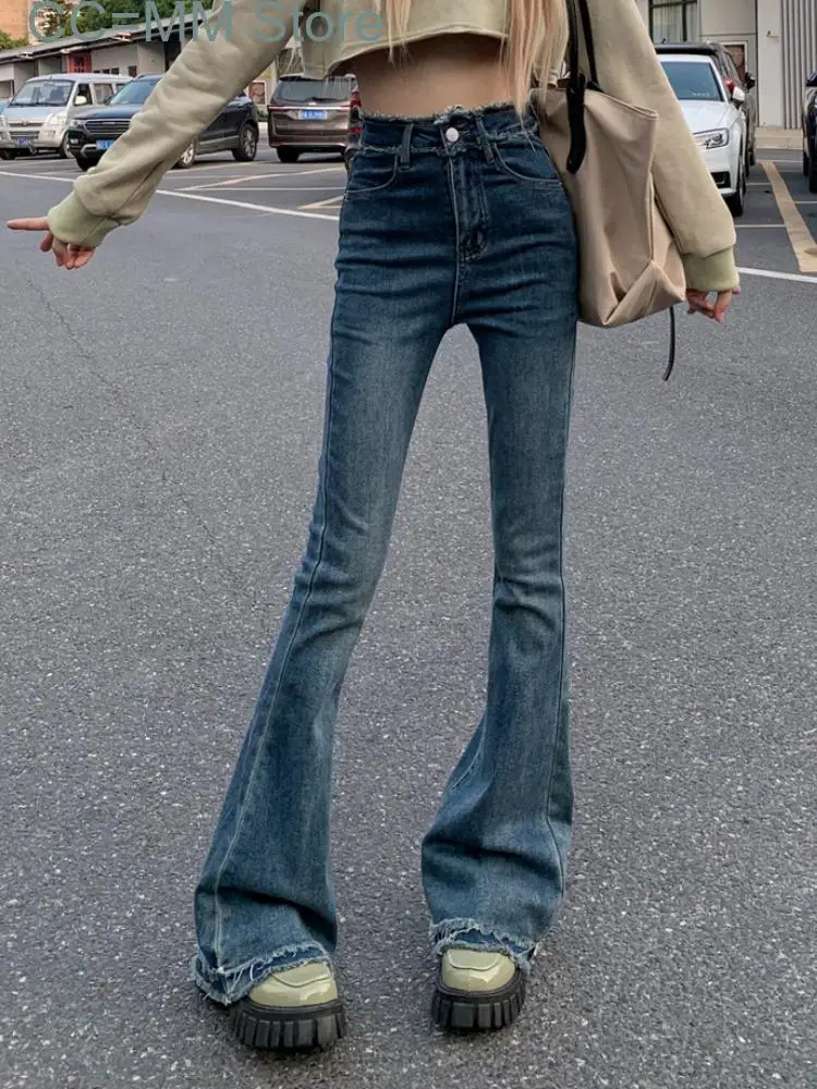 New Black Casual Jeans Women High Waist Chic Slim Flare Pants Female Streetwear Korean Fashion Denim Trousers Winter