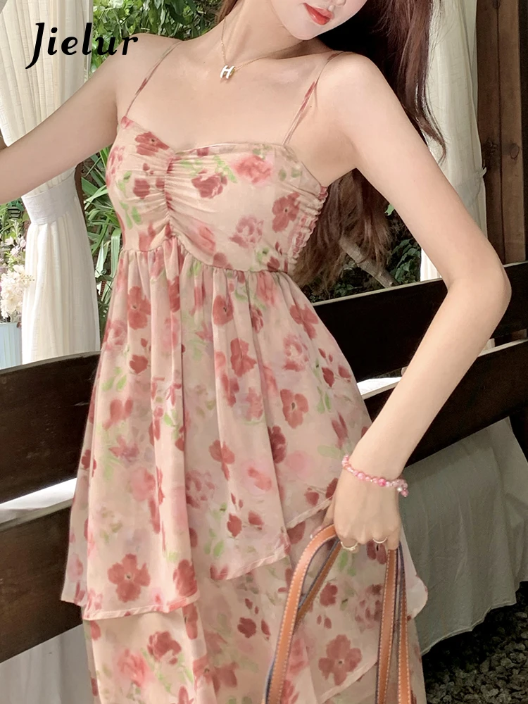 

Новое Женское платье Jielur на бретельках с принтом летнее корейское модное милое шифоновое платье без рукавов пикантные облегающие Женские платья с открытой спиной