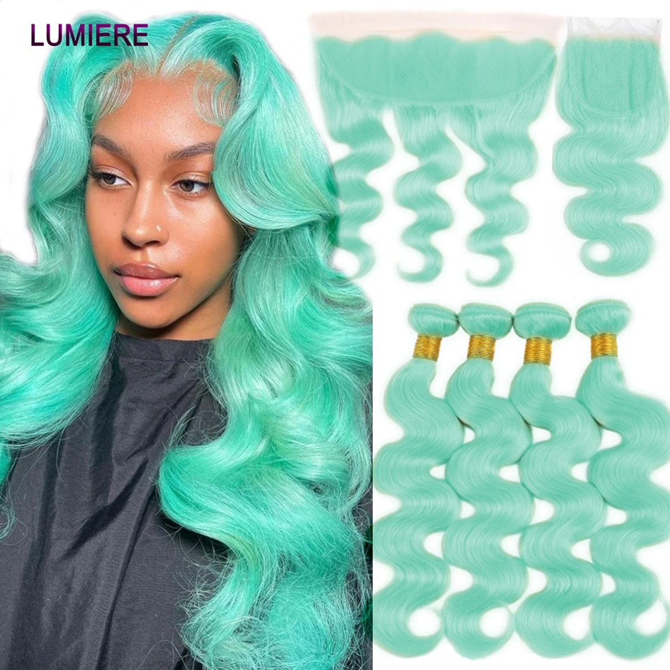 Lumiere Hair Light Green Body Wave Bundles with Closure Cyan Blue Brazilian  100% Human Hair Weave Bundles with Closure Frontal