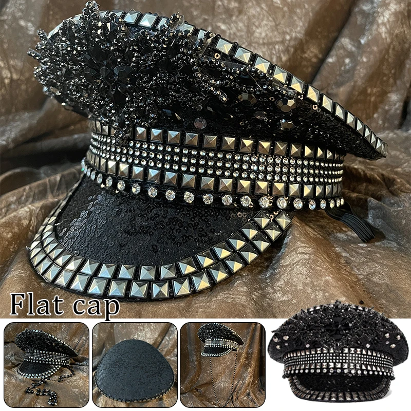 

Steampunk Women Military Hat Black Sequin Wedding Bride Bridal Captain Hat Sergeant Hat Luxury Rhinestone Festival Party Hat