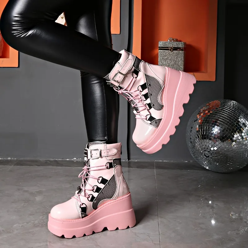 2023 New Winter Women's Platform Boots Wedged Knee Length Black Lace Up Fashion Gothic Boots Punk Shoes Girls' Fashion Boots