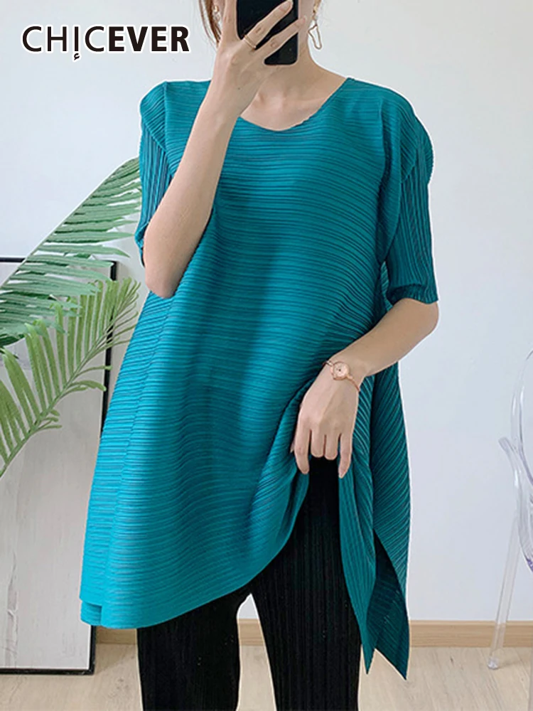 

CHICEVER Casual Solid Loose T Shirts For Women Round Neck Shorts Sleeve Summer Minimalist Fashion Patchwork Folds T Shirt Female