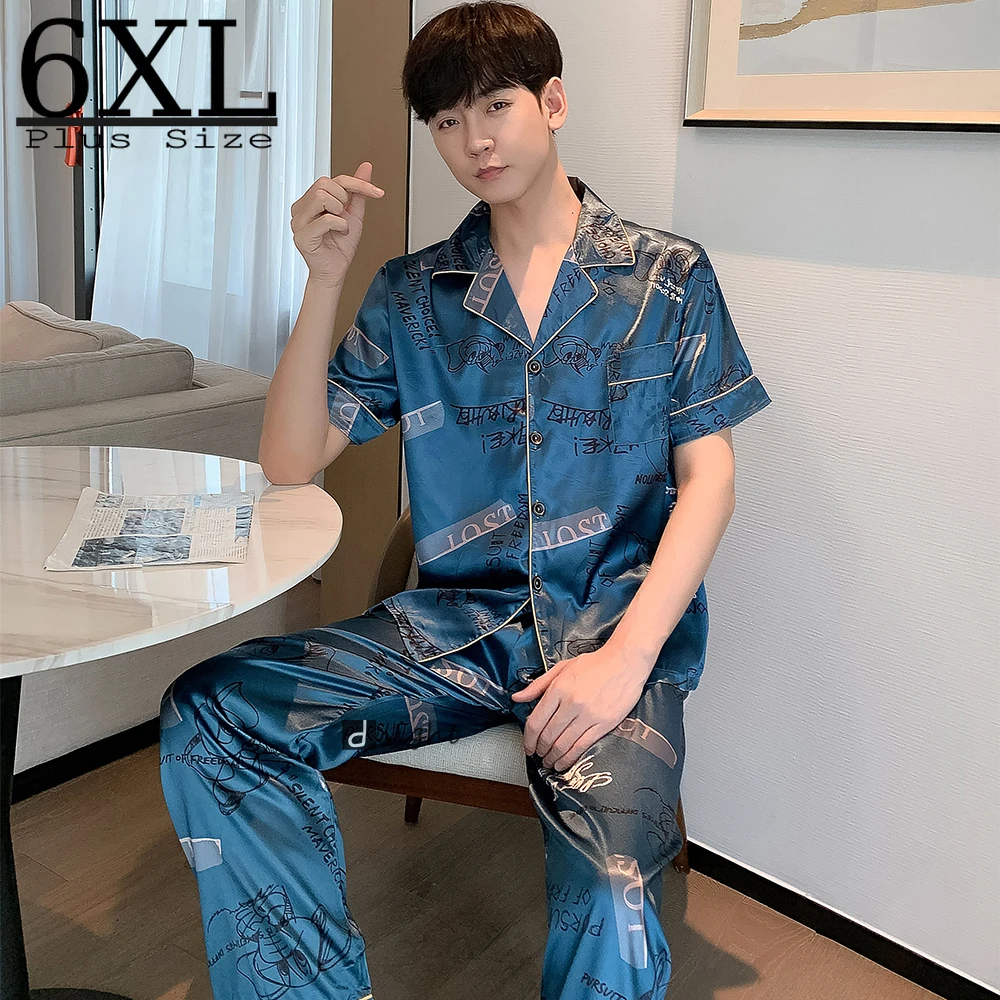 Plus Silk Pijama for Men Summer Sleepwear Pajamas Sets Pyjamas Set