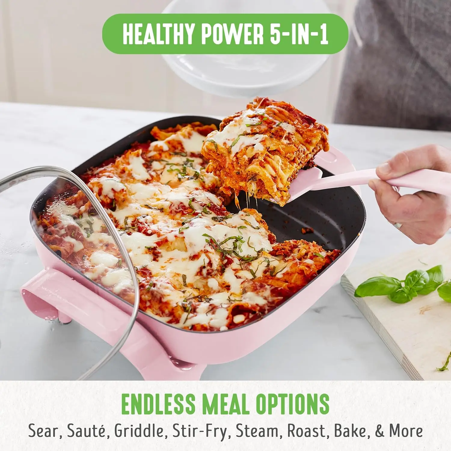 12" 5QT Square Electric Skillet, Adjustable Temperature Control, Cool Touch Handles, Quick Even Heating, Scratch Resistant, Pink