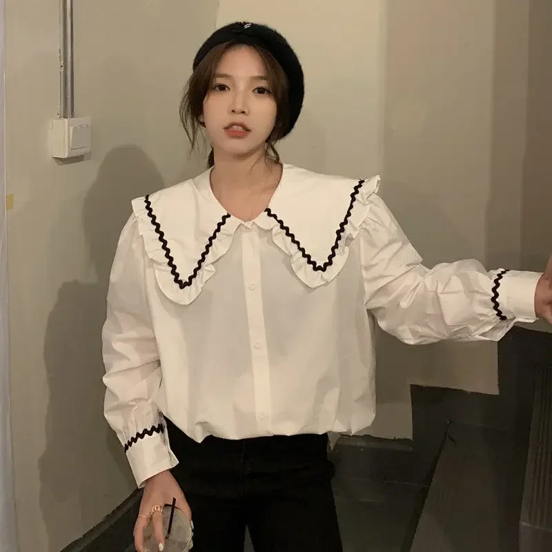

DAYIFUN Shirt Women Sweet Clothes Korean French Style Peter Pan Collar Blouses Loose Fashion Cute Tender Lady Blusas College Ins