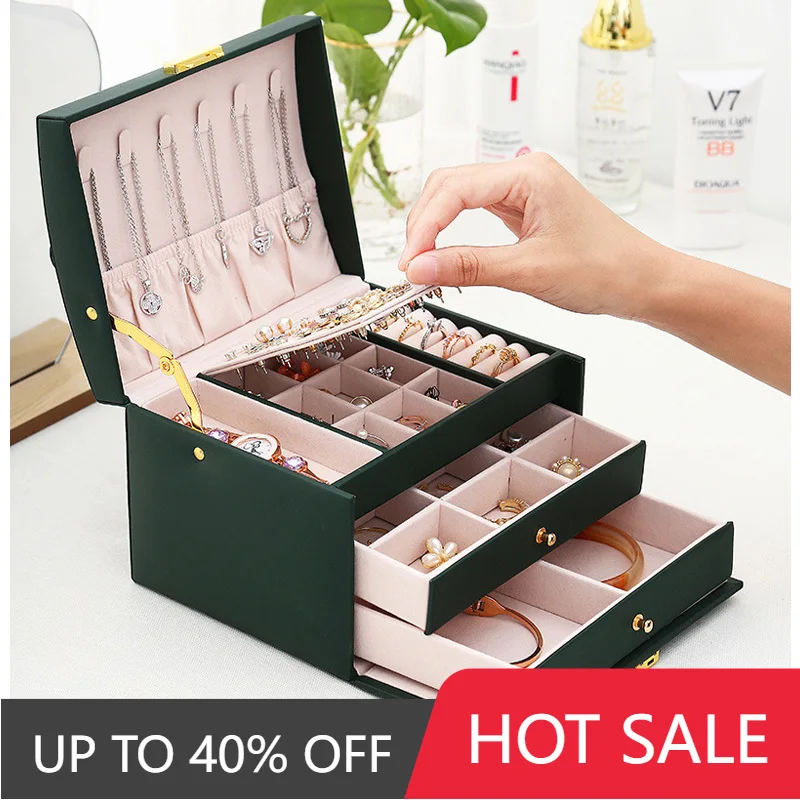 Drawer Style Jewelry Box Organizer Multi-Functional Three Layer Leather Earrings Ring Necklace Jewelry Display Storage Box multi functional three layer drawer style jewelry box earrings necklace case ring tray holder storage organizer for women gift