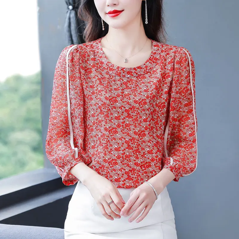2023 Spring Summer New Fashion O-Neck Loose Blouse Printing Patchwork Seven Points Sleeved Floral Chiffon Sheer Shirt for Women high waist jeans women spring and autumn new loose straight pants korean wild nine points harem pants