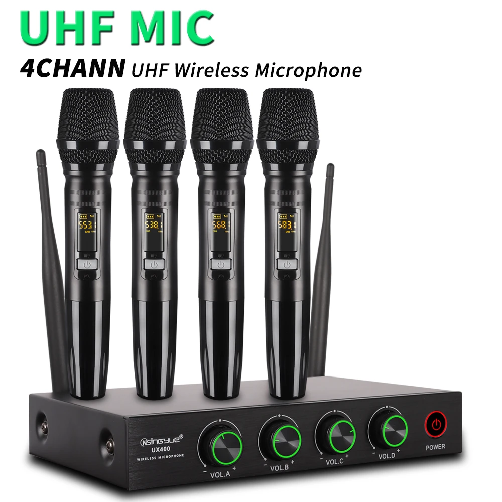 headset with mic 4 Channel Wireless Microphone System UHF Handheld Dynamic Microphone for Home Karaoke Singing Loudspeaker Speech,UX-400 best microphone for streaming