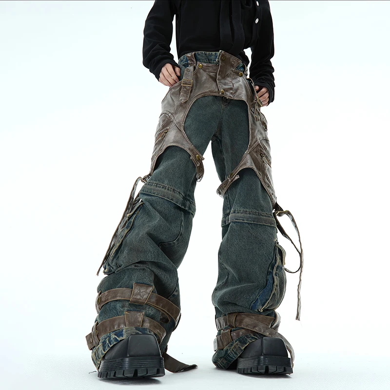 LUZHEN Jeans Men Detachable Splicing Design High End Streetwear Wide Leg Denim Trousers Personalized High End Pants 2025 LZ8202 4