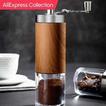 AliExpress Collection 커피 콩 연마기 휴대용 우드 그레인 스테인리스 스틸 크랭크 핸드 핸드 커피 연마기 주방 도구 연마기