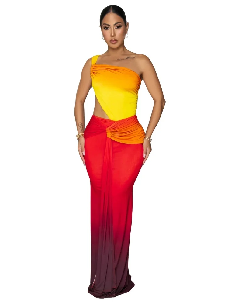 Wmstar Dress Wholesale Hot Selling European American Foreign Trade Clothing Sexy Waist Exposing Gradient Single Shoulder Summer