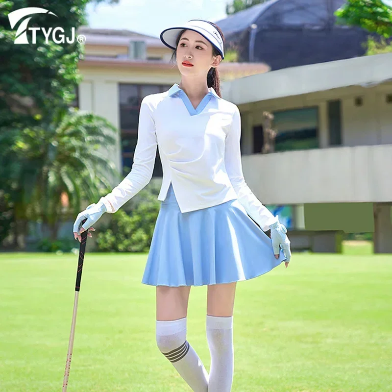 TTYGJ Women Breathable Quick Dry Golf Shirt Ladies V-neck Full Sleeve T-shirt Women Slim Split Sport Tops Casual Golf Clothing