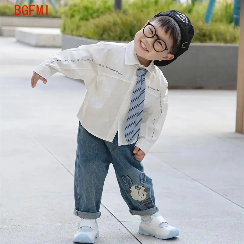 Children's Shirt Preppy Style Spring and Autumn New Boys Girls cotton Letter Tie Long Sleeved White Blouse Kids Loose Casual Top