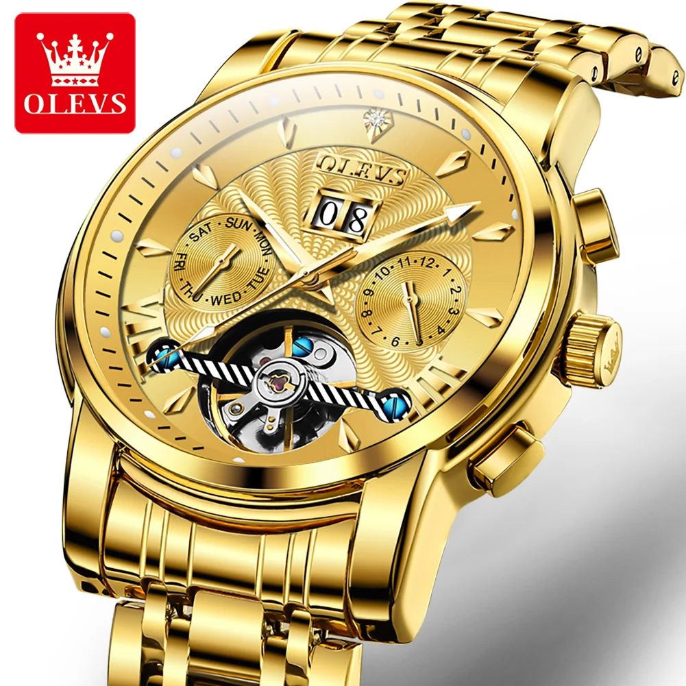 OLEVS 9965 Men's Watch Hollow Skeleton Luxury Automatic Wrist Watch Stainless Steel Strap Waterproof Mechanical Watch For Men