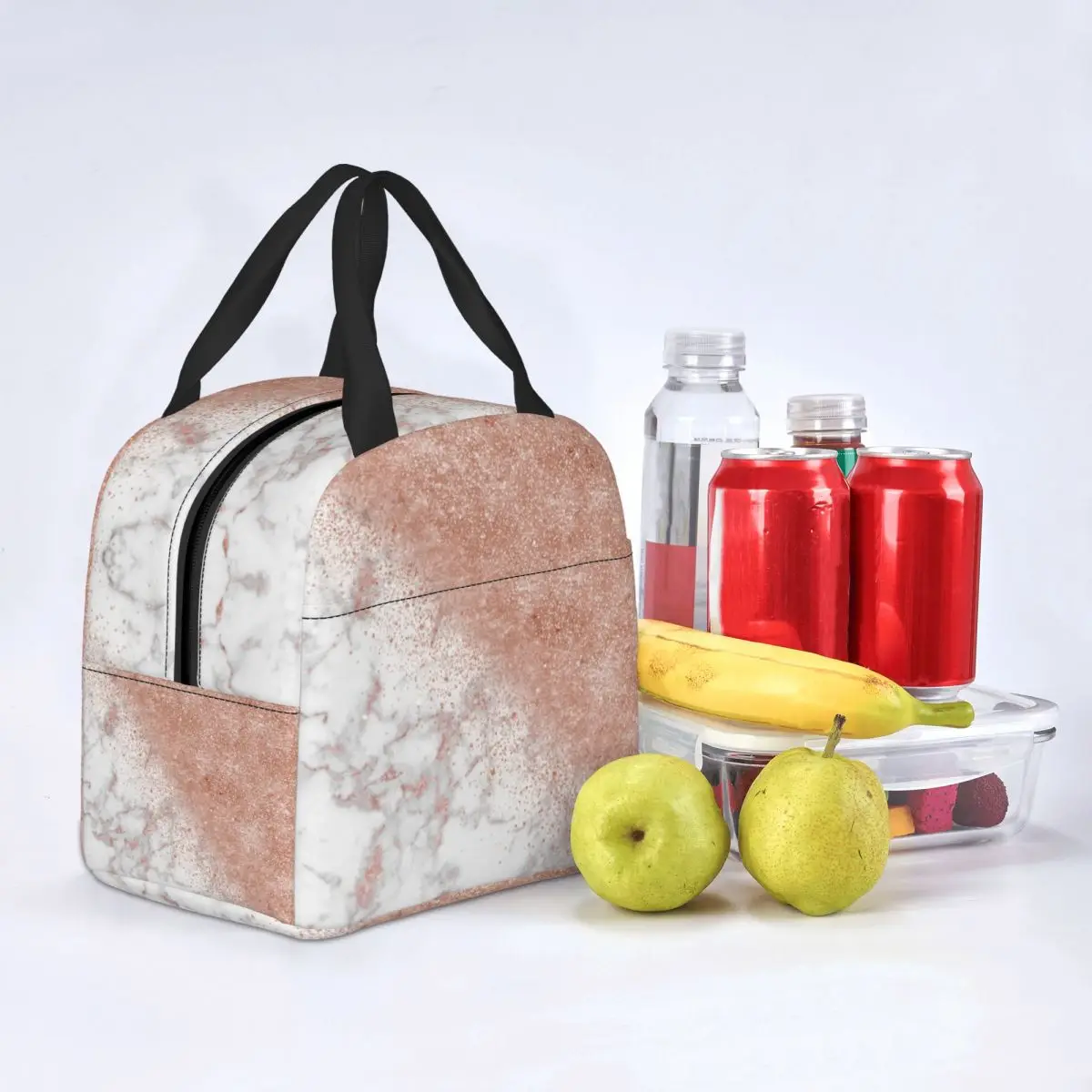 Custom Elegant Faux Rose Gold Confetti White Marble Lunch Bag Women Warm  Cooler Insulated Lunch Box for Kids School Children
