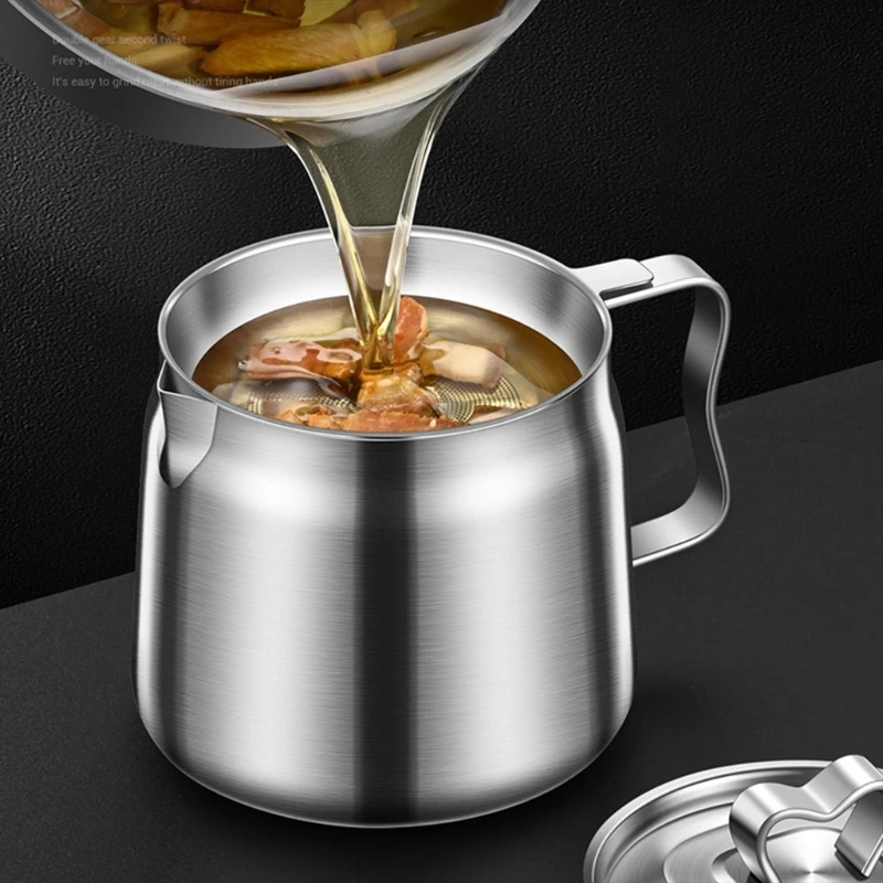 

Stainless Steel Oil Strainer Pot Grease Container Removable Strainer Sauce Pot Gooseneck Spout For Easy Pouring 1.5L