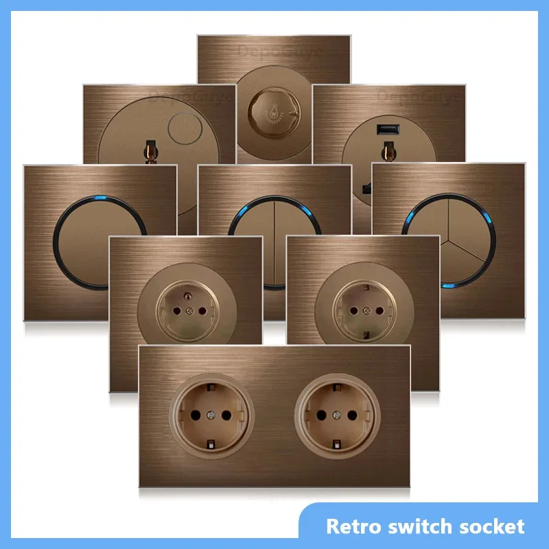 สีกาแฟคุณภาพสูง universal Retro Eu FR 220V สวิตช์ไฟผนัง, ปุ่มรีเซ็ตสวิทช์ซ็อกเก็ตไฟฟ้าพร้อมไฟ LED 1