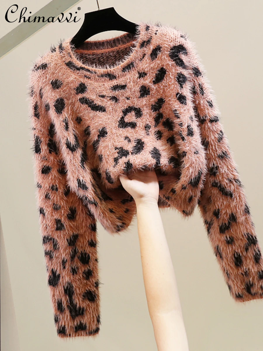 

Fashionable Haima Wool Pullover Long Sleeve Leopard-Print Sweater 2023 Autumn Clothes New Casual Design Loose Knitted Tops