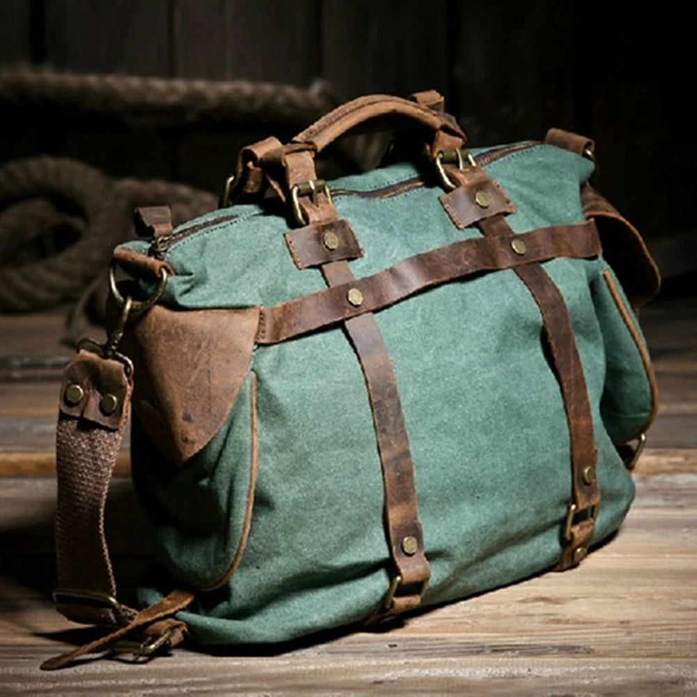 Unisex Retro Canvas + Genuine Leather Women Messenger Bag Men Crossbody Bag Sling Shoulder Bag Duffel Bags Weekend Tote Handbag