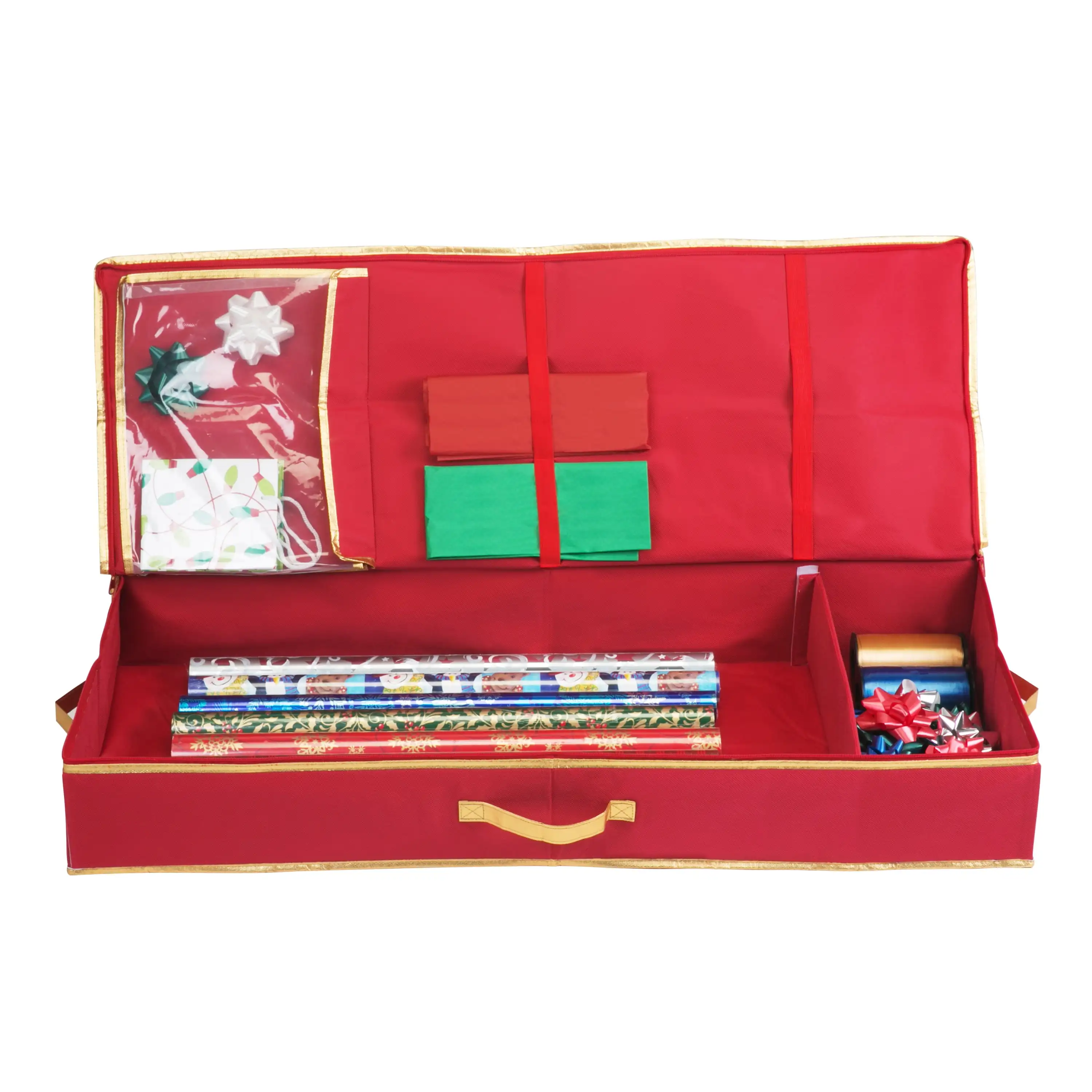 

Christmas Holiday Gift Wrap Box Organizer Holds 25 Rolls Fabric, Red