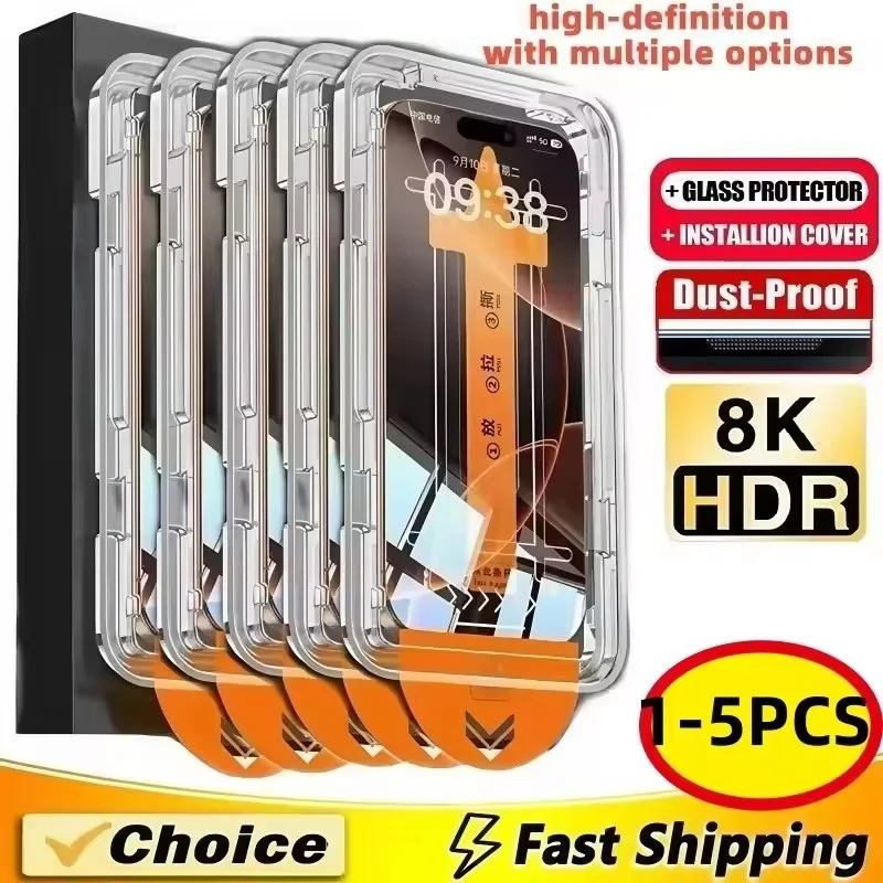 1-5 قطعة واقي شاشة سهل التركيب خالي من الغبار لهاتف آيفون 17 16 15 14 11 13 12 15 16 Pro Max Mini XS X XRT زجاج مقسى