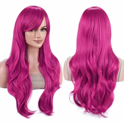 Vibrant 70cm Water Wave Cosplay Wig with Bangs - 28inches (Rose Red)