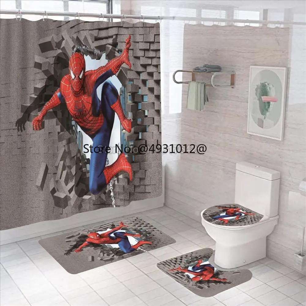 Anime Avengers Spiderman Shower Curtain Carpet Toilet Cover Cartoon Bath Mat Rug Pad Set Bathroom Decor Kids Gifts 6