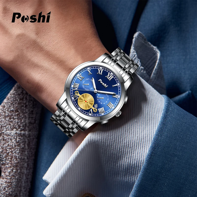 POSHI 905 ساعة كوارتز موضة ساعات رجال الأعمال حزام...