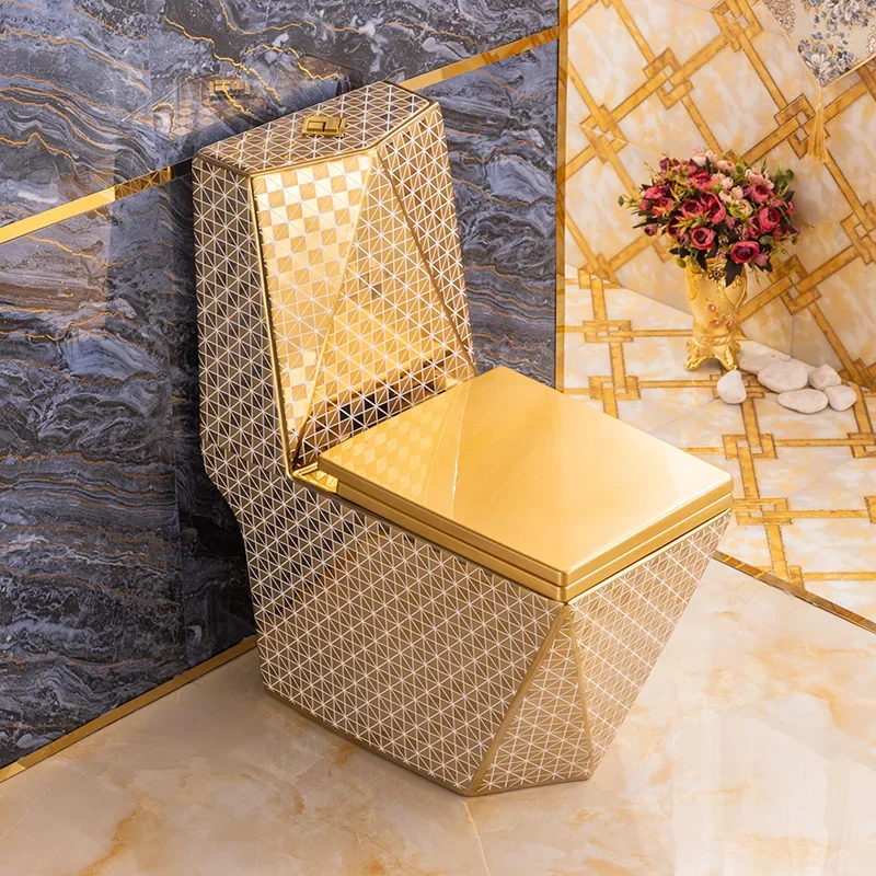 

Light Luxury Gold Toilet European-Style Square Diamond Ceramic Household Bathroom Anti-Blocking Deodorant Siphon Toilet