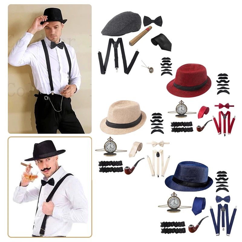 Halloween 1920's Cosplay Costume Hat Pocket Watch Neck Tie Moustache Bowtie Gatsby Masquerade Accessories 1Set