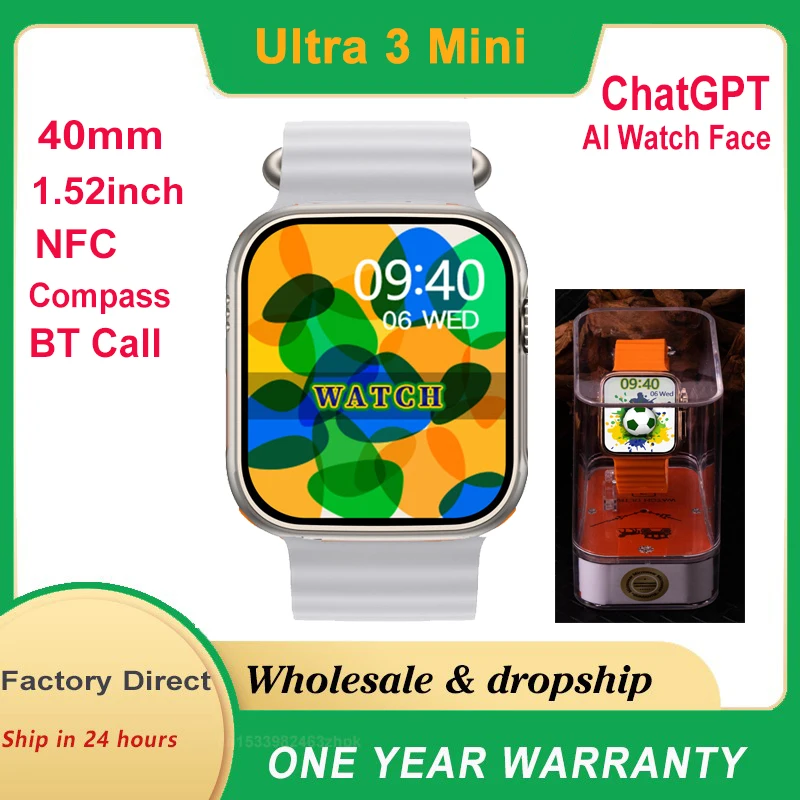 Microwear 남녀공용 울트라 3 미니 스마트 워치, 40mm 1.52 인치, ChatGPT BT 통화 게임, NFC 나침반, GPS 추적기, ECG OS10 스포츠 스마트워치