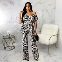 

2022 Woman Jumpsuit Sexy Club Outfits Women Off Shoulder Rompers Zebra Print Casual Loose Jumpsuit Elegant Lady Wide Leg Pants