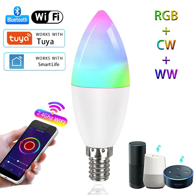 LED 촛불 스마트 램프, E14 5W, TUYA 와이파이 블루투스 85-265V RGB WW CW 조도 조절 램프, 알렉사 구글 침실 거실용